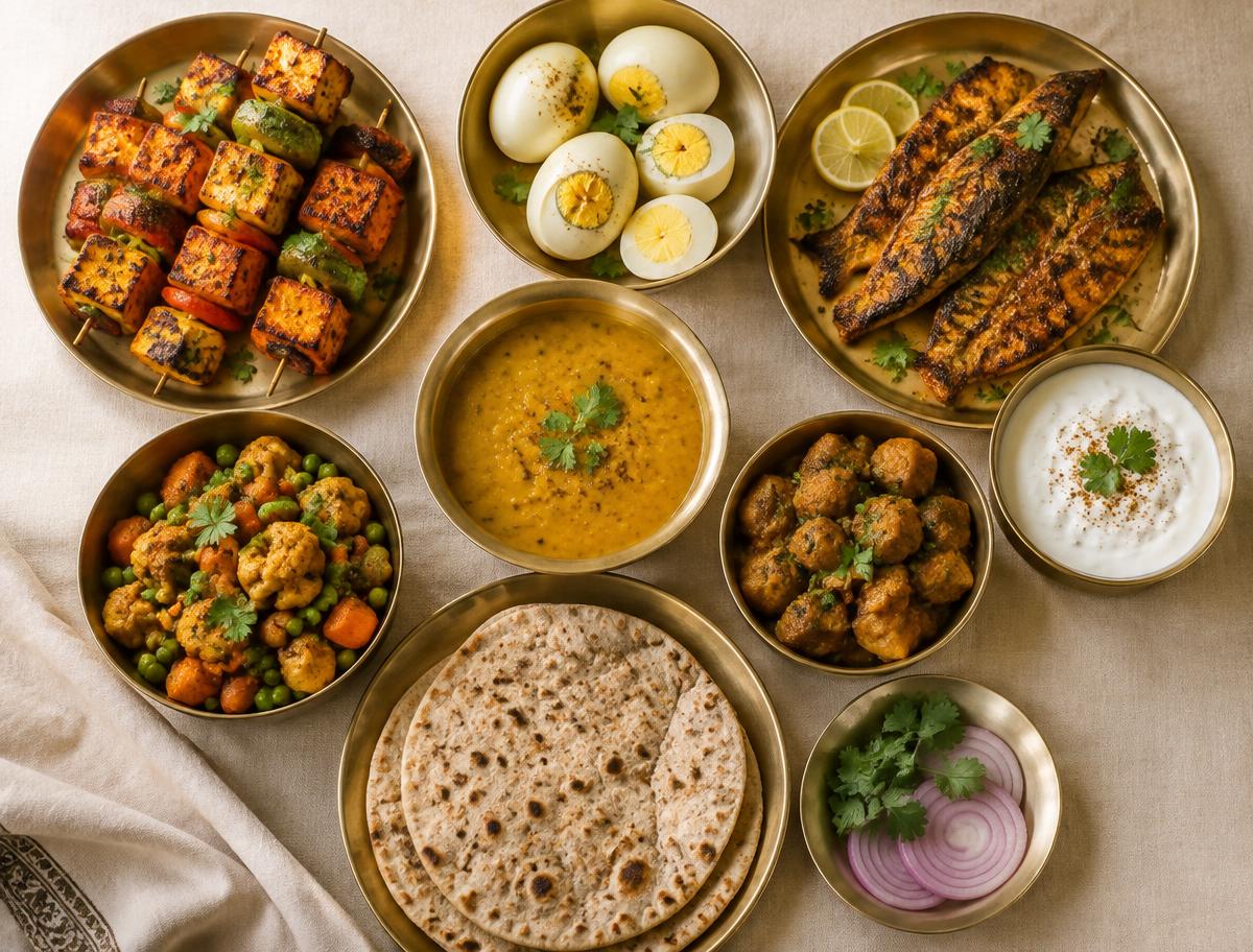 Paneer tikka, eggs, grilled fish, dal, soya, hung curd, rotis and sabzi in brass bowls
