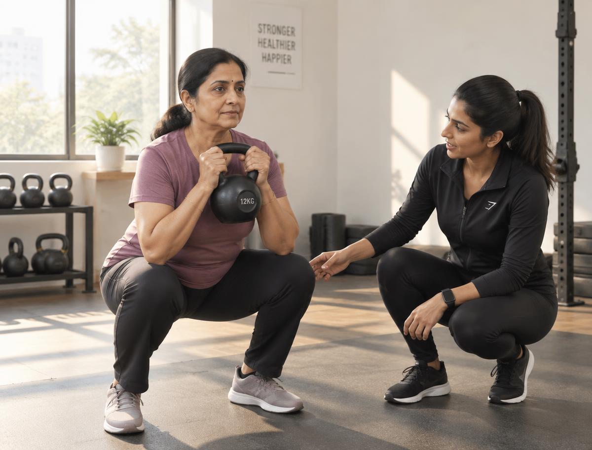 A woman in her fifties doing a kettlebell squat with her coach